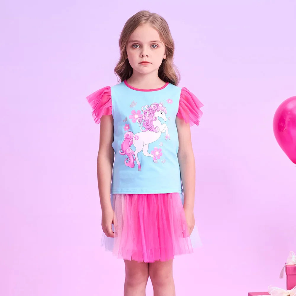 Girls Blue Unicorn Ruffle Sleeve T-Shirt (Age 3-12YRS)