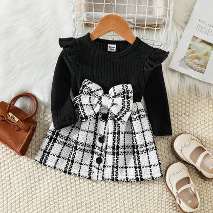 Baby Girls Rib Knit Ruffle Long-Sleeve  Tweed Dress (Age 3M-24M)