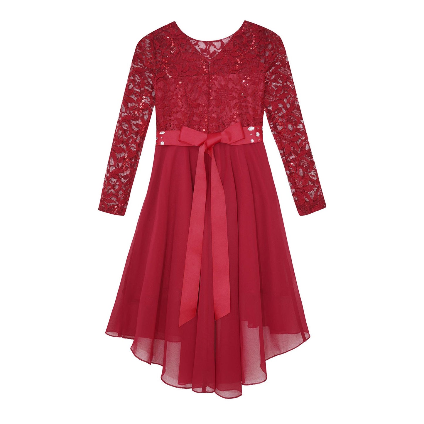 Girls Lace Chiffon Long Sleeve High-Rhinestone Sash Dress (Age 6-16 YRS)