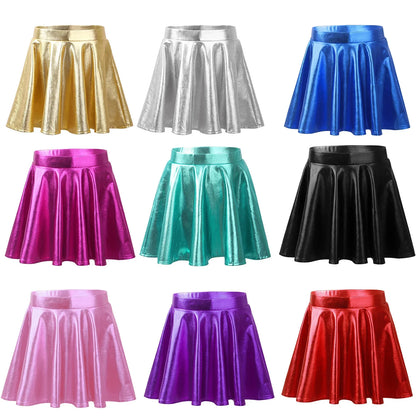 Girls Glossy Metallic Flared Pleated A-Line Miniskirt (Age 6-12 YRS)