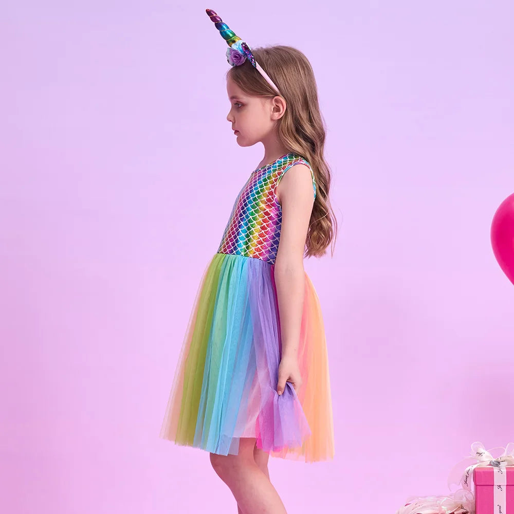 Girls Rainbow Tulle Party Dress (Age  5-8 YRS)