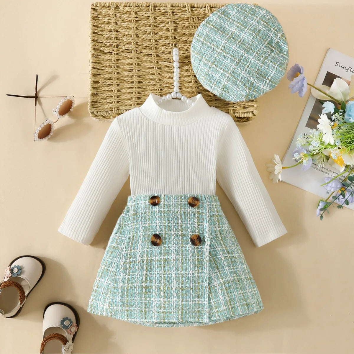 Baby/Toddler Girls Top & Houndtooth Skirt & Matching Beret Set (Age 6M-3YRS)