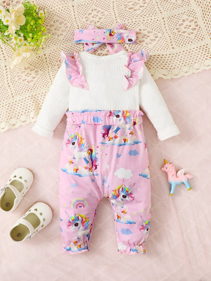 Baby Girls Pink Unicorn Jumpsuit & Headband (Age Newborn-18M)