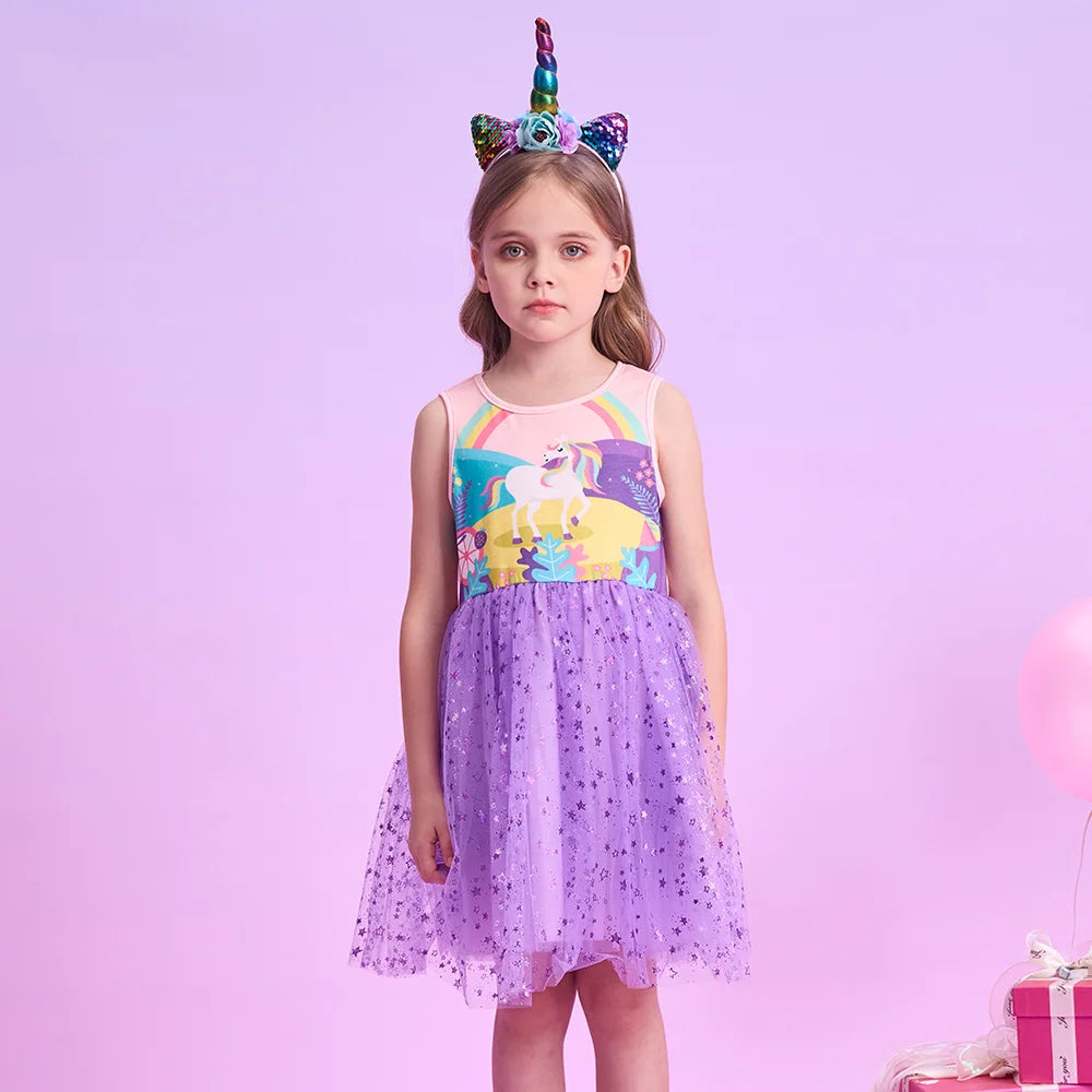 Girls Purple Unicorn Mesh Dress (Age 3-12YRS)