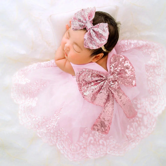 Newborn Baby Girl Photography Sequin Dress & Headband Set (Age Newborn - 3M)