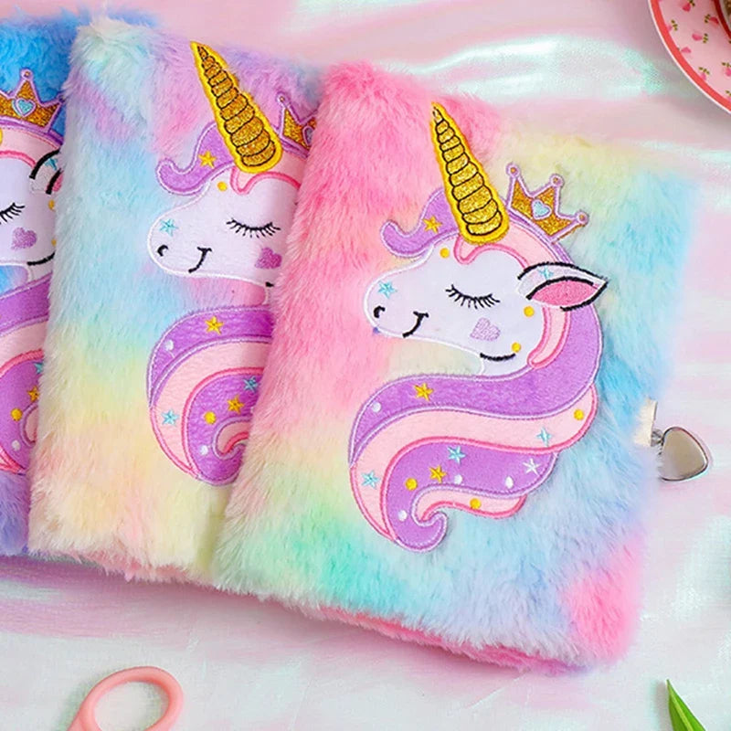 Kids Unicorn Notebook Plush Book With Lock Stationery Gift