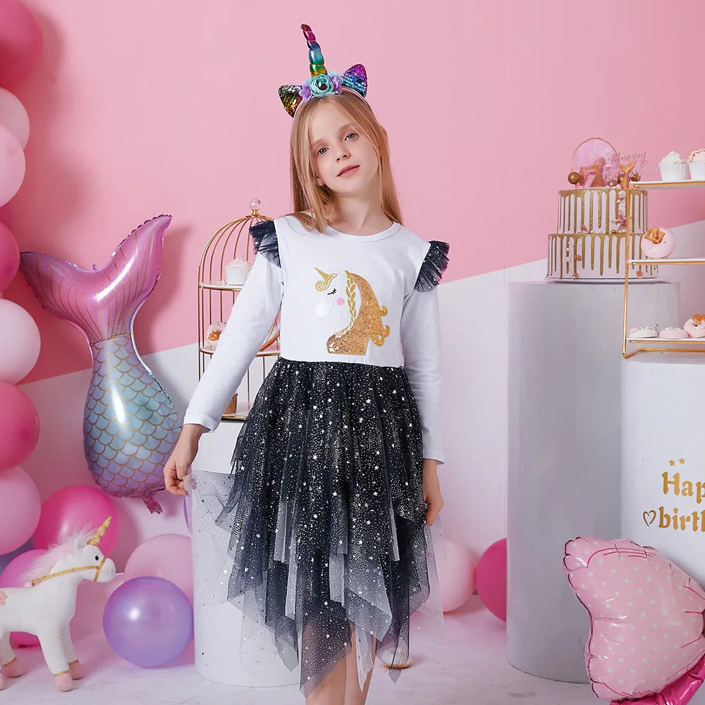 Girls Black & White Unicorn Layered Mesh Dress (Age 3-8YRS)