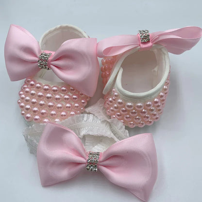 Baby Girls Pearl Embellished Shoes & Headband (Age Newborn - 6M)