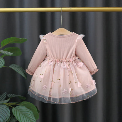 Baby Girls Long Sleeved Double Bow Flower Embroidery Mesh Dress (Age 3M-3YRS)