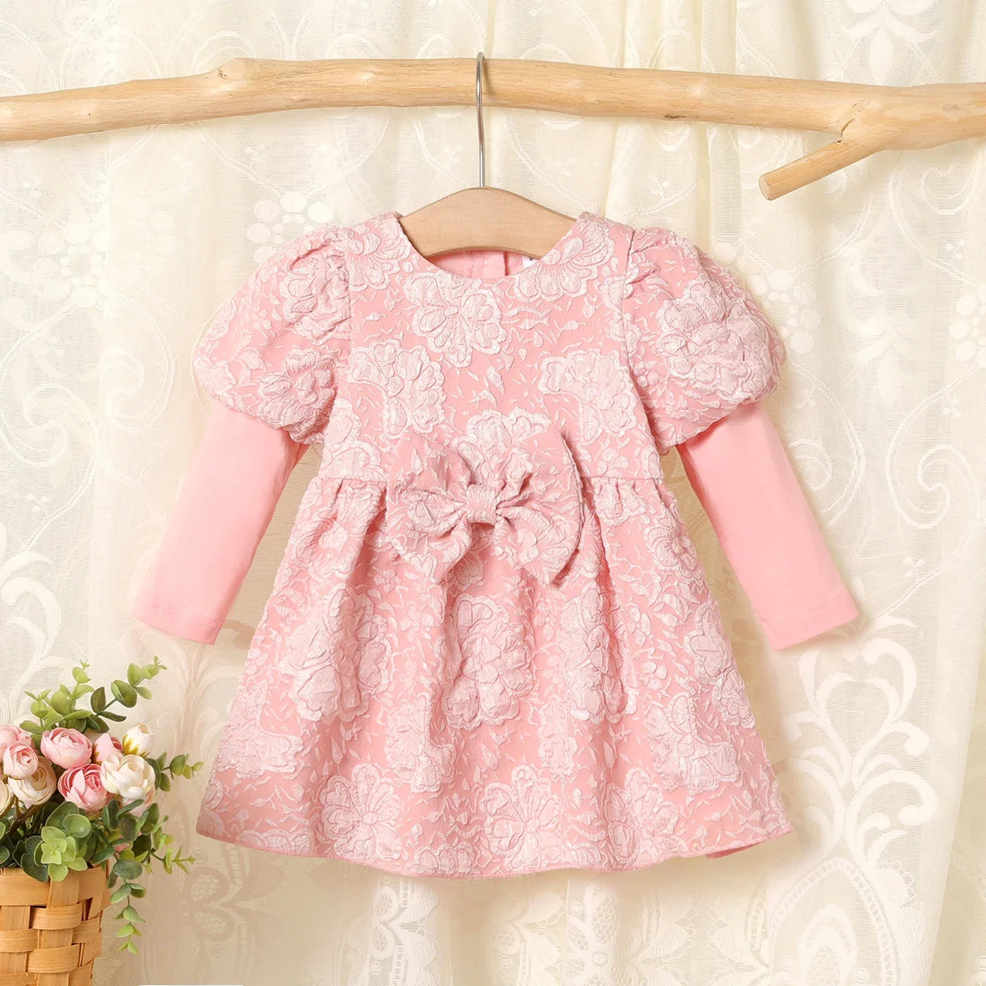 Baby Girls Floral Bow Puff-Sleeve Dress (Age 3M-24M)