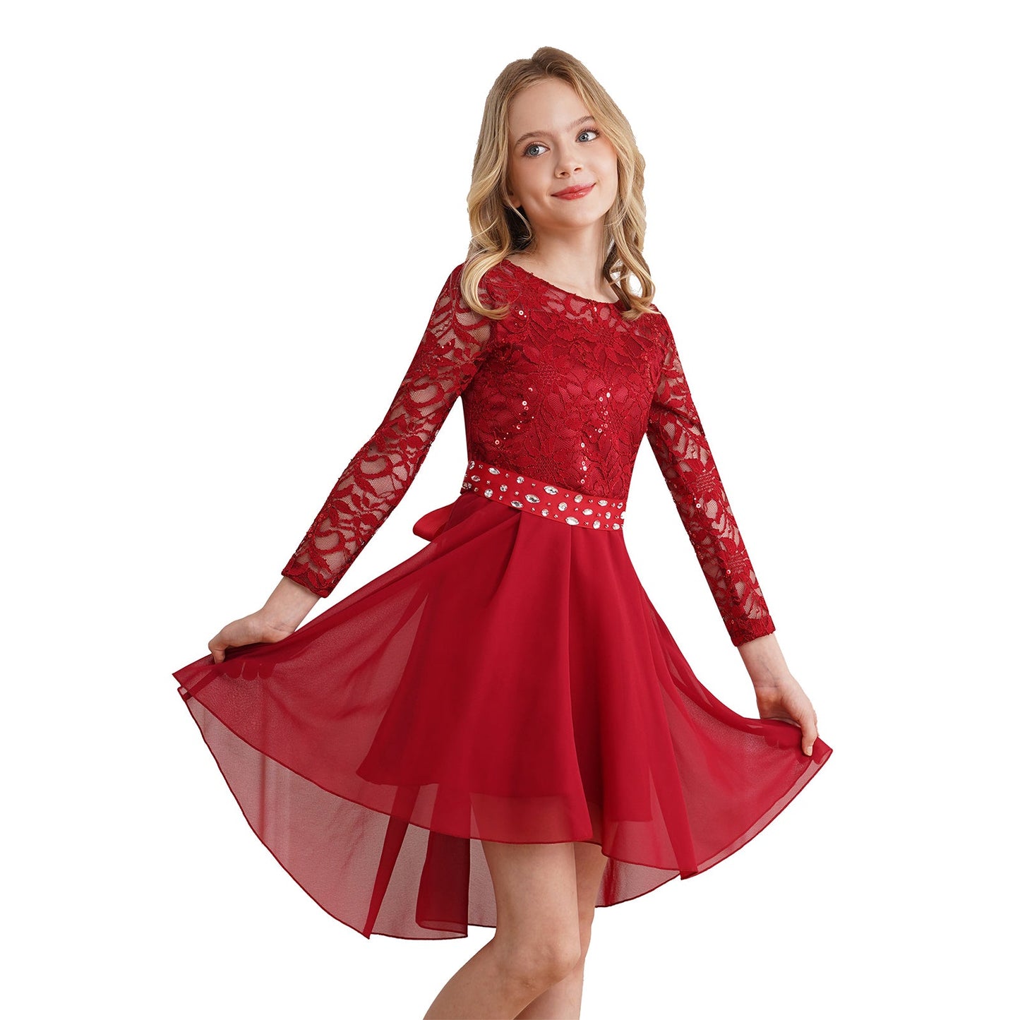 Girls Lace Chiffon Long Sleeve High-Rhinestone Sash Dress (Age 6-16 YRS)