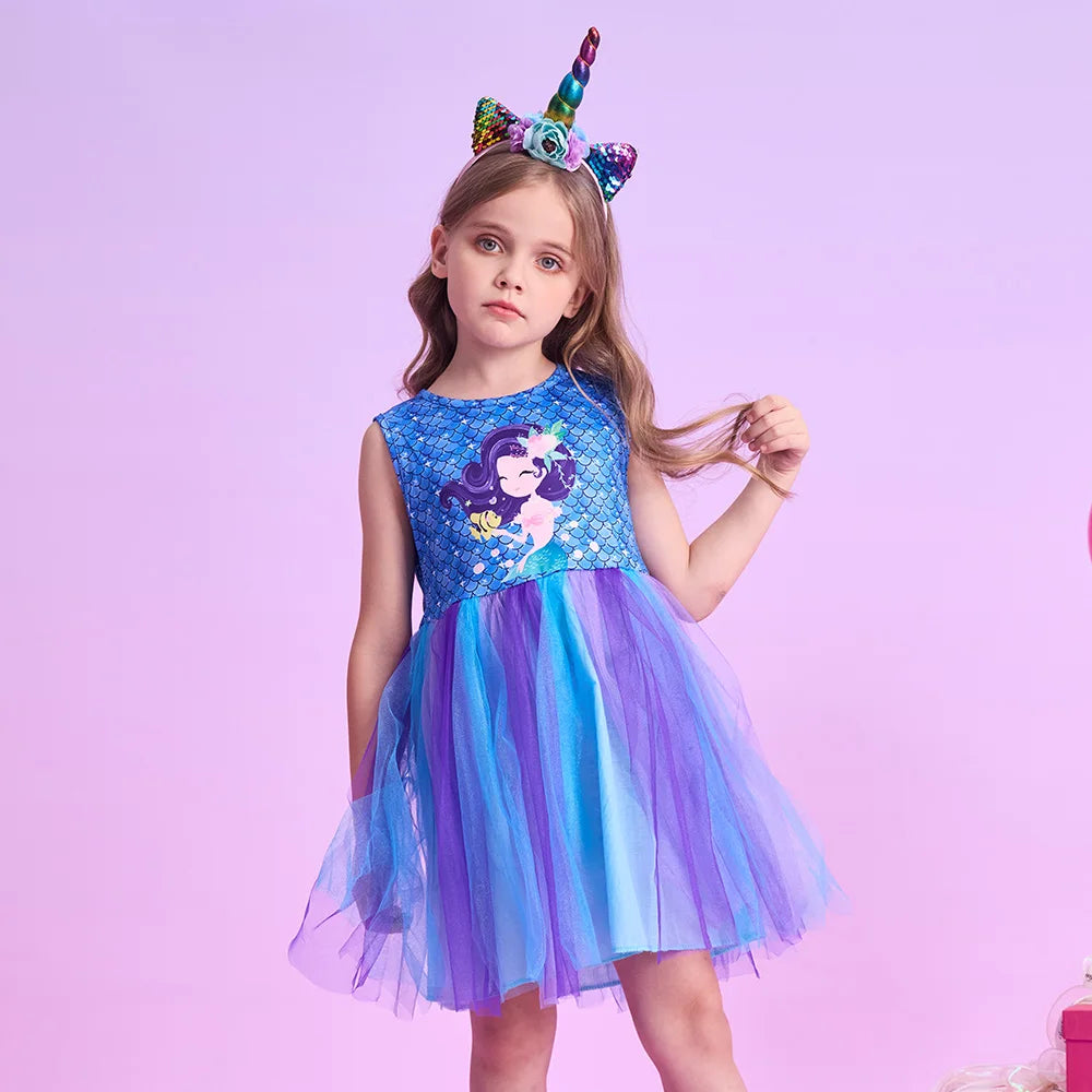 Girls Blue Mermaid Tulle Dress (Age 3-12YRS)