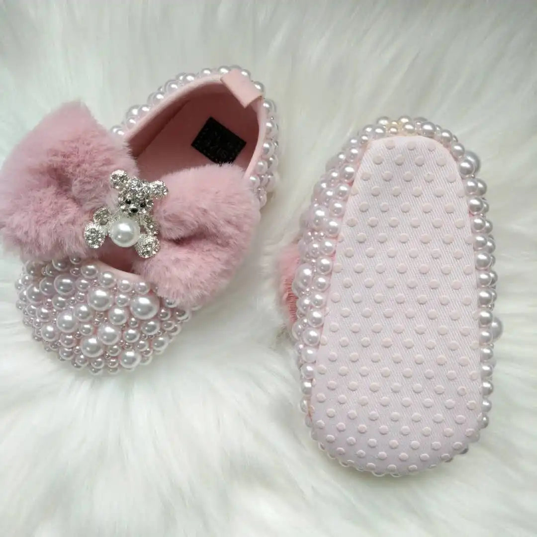 Baby Girls Pink Pearl & Rhinestone Embellished Shoes  (Age Newborn - 18M)