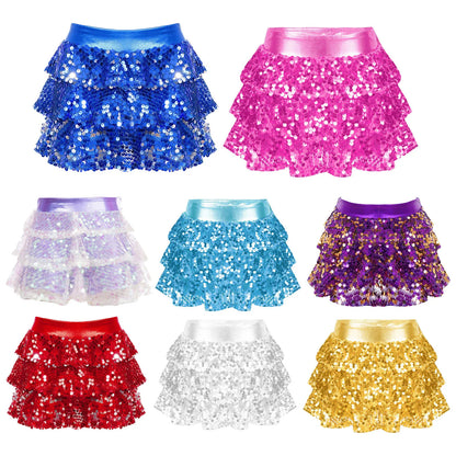 Girls Tiered Ruffle Dance Metallic Shiny Shorts (Age 4-16 YEARS)