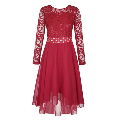 Girls Lace Chiffon Long Sleeve High-Rhinestone Sash Dress (Age 6-16 YRS)