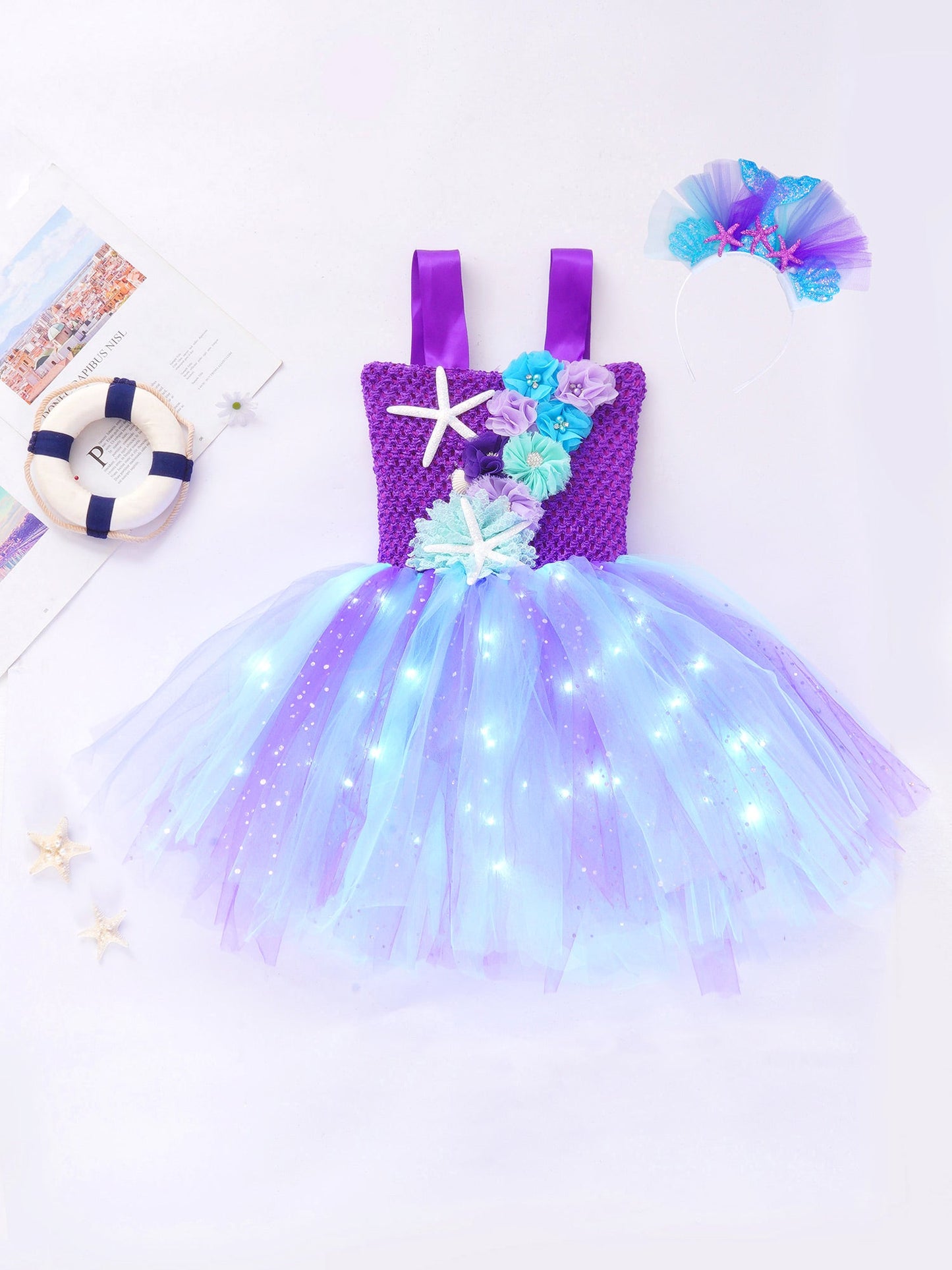 Girls Purple Princess Light Up Dress & Headband (Age 24M-10YRS)