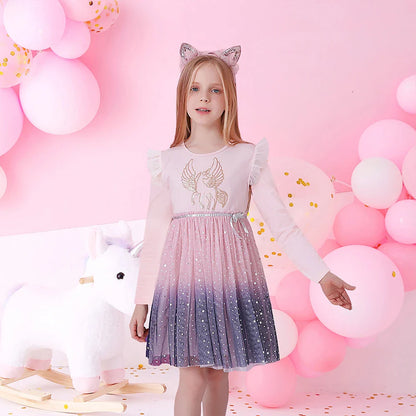 Girls Gradient Long Sleeve Unicorn Dress (Age 3-8YRS)