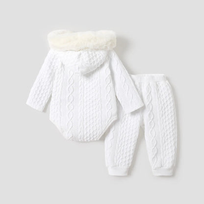 Baby Boy/Girl Knitted Faux Fur Hooded Long-sleeve Romper and Trousers Set (Age Newborn-18M)