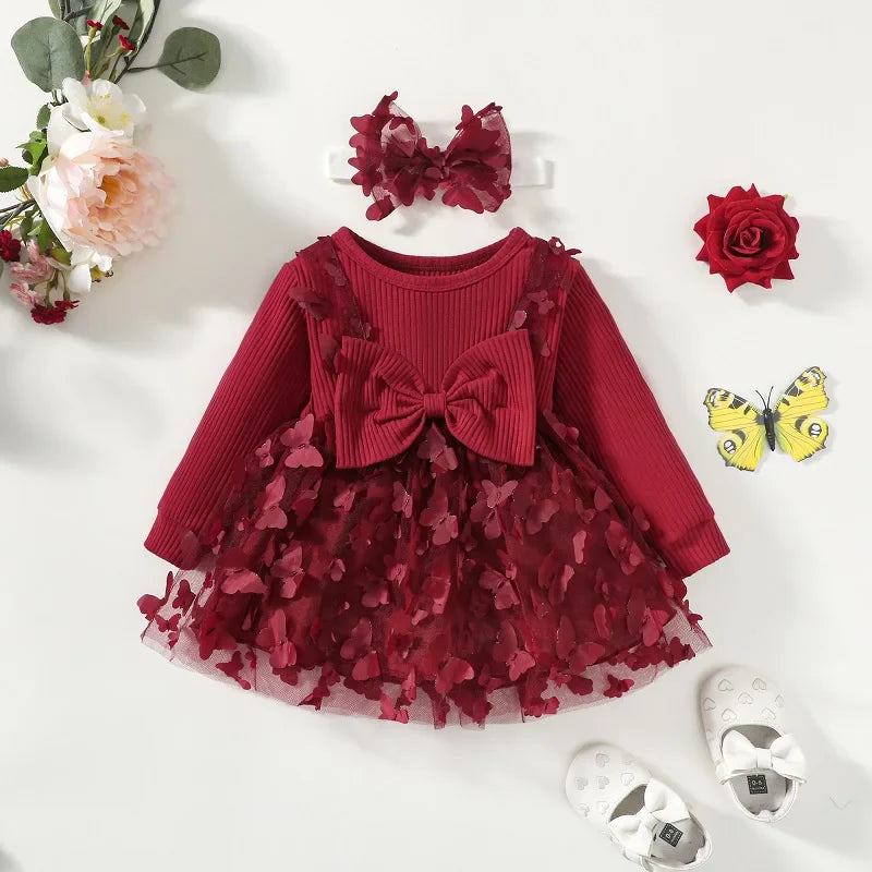 Baby Girls Burgundy Mesh Butterfly Dress (Age Newborn-24M)