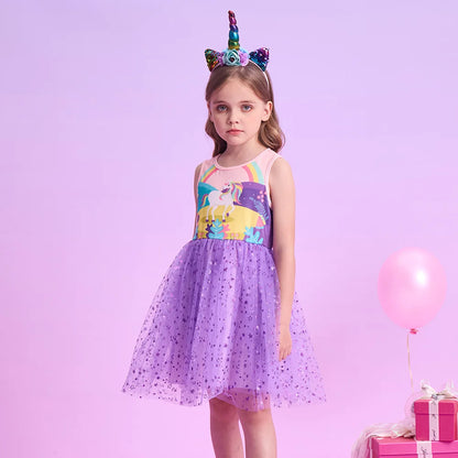 Girls Purple Unicorn Mesh Dress (Age 3-12YRS)