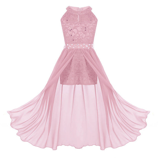 Girls Floaty Dipped Hem Rhinestone Embellished Dress (Age 4-16 YRS) Pink