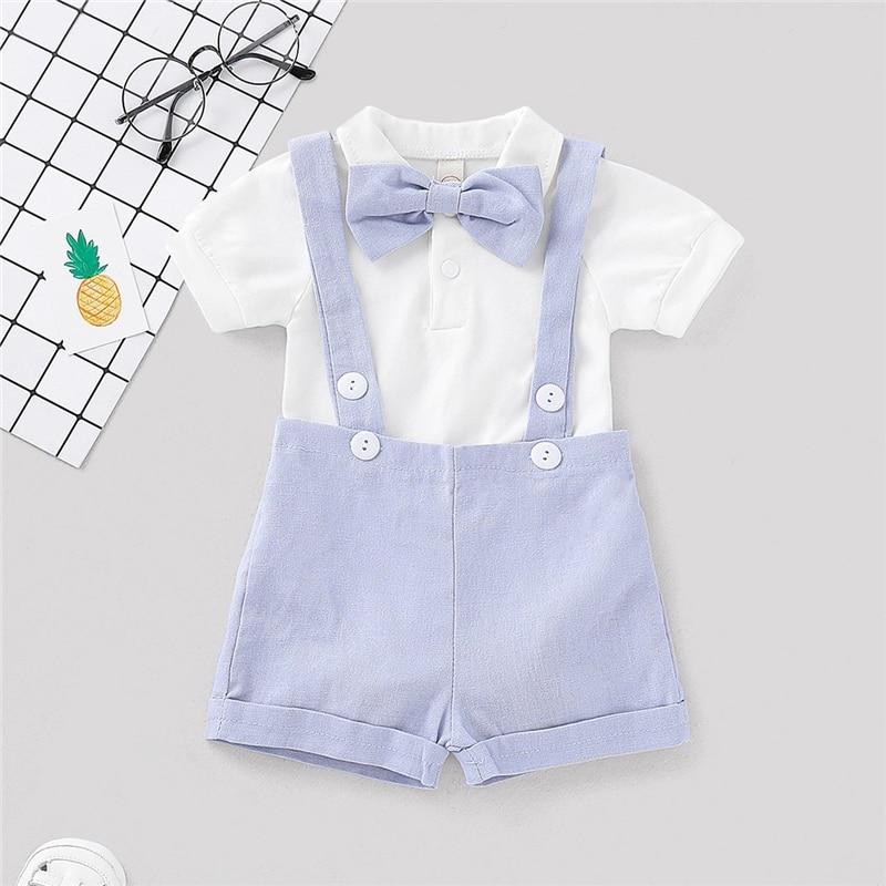 Boys Baby Toddler White Bow Tie Shirt & Blue Dungarees Set (Age 6m-4yrs) Multi