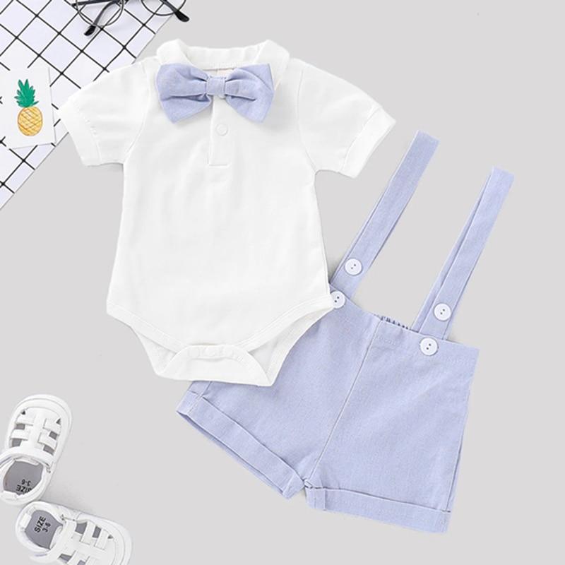 Boys Baby Toddler White Bow Tie Shirt & Blue Dungarees Set (Age 6m-4yrs)