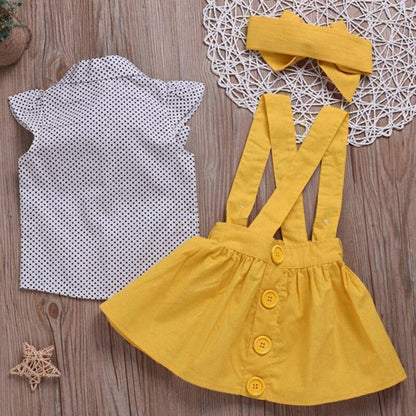 Baby Girls -3Pack - Polka Dot Top & Yellow Pinafore Skirt Set & Headband (Age 9m-6yrs)