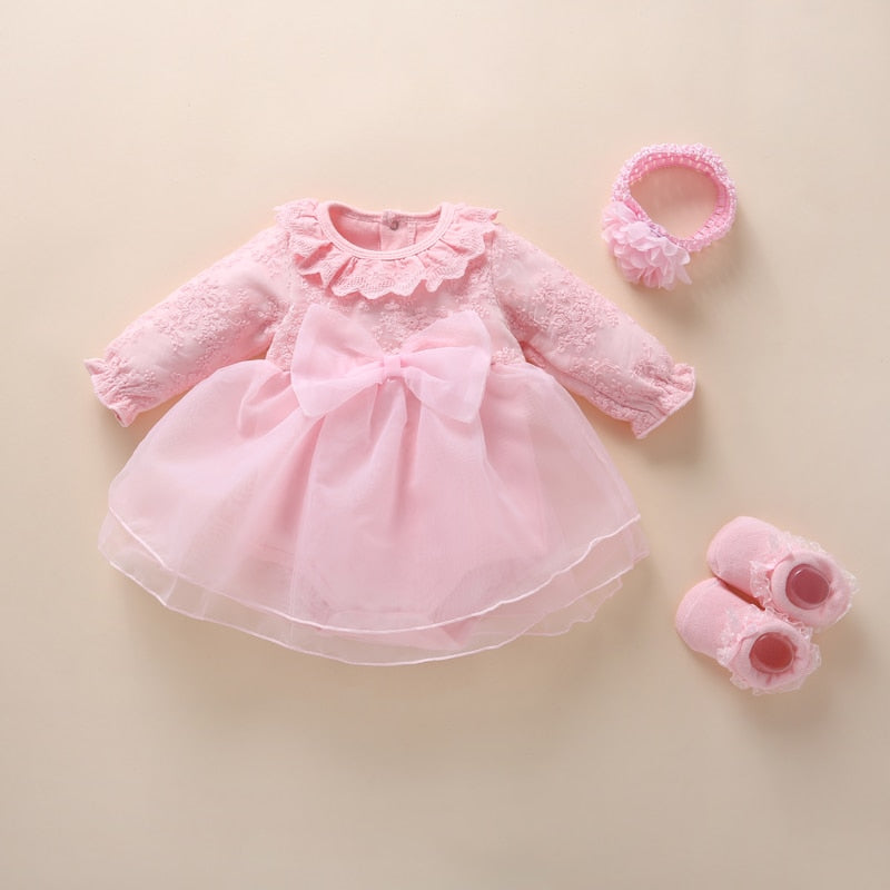 Baby Girls Pink Lace Dress Headband & Booties Set (Age 3M - 12M) Pink