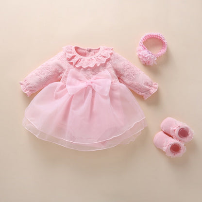 Baby Girls Pink Lace Dress Headband & Booties Set (Age 3M - 12M) Pink