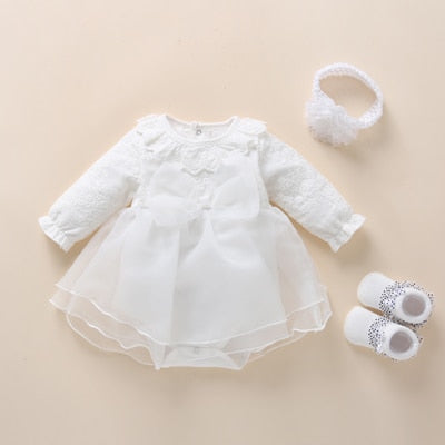 Baby Girls Pink Lace Dress Headband & Booties Set (Age 3M - 12M) White