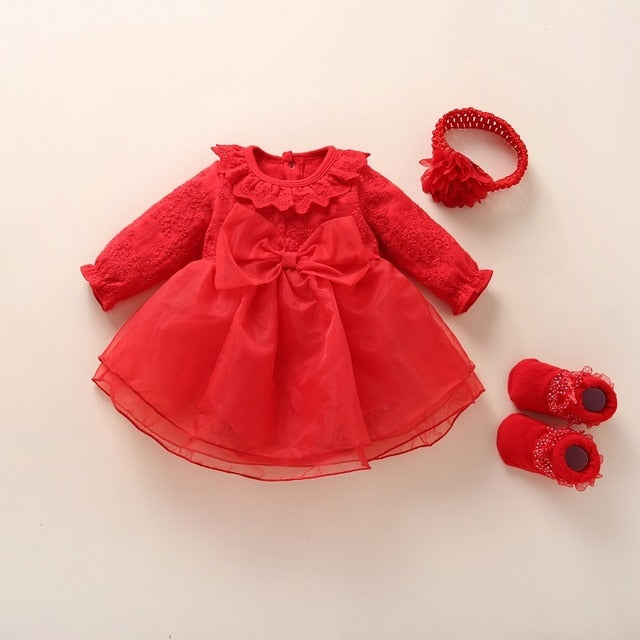 Baby Girls Pink Lace Dress Headband & Booties Set (Age 3M - 12M) Red