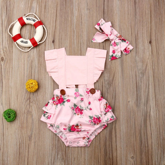 Baby Girls Pink Floral Print Ruffle Bodysuit Romper & Headband (Age 6m-24m) Pink