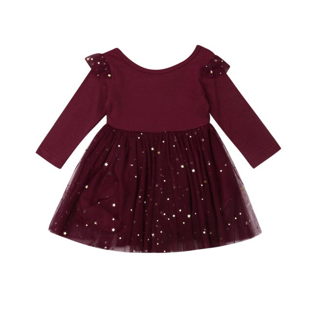 Girl Long Sleeve Sequin Tulle Dress (Age 12M-4YRS) Red