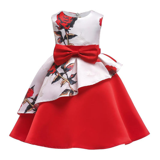 Girls White & Red Asymmetrical Floral Satin Prom Dress (Age 3-9yrs) Red