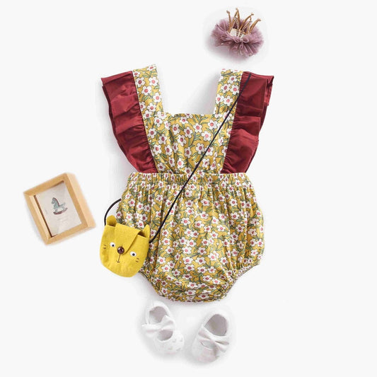 Baby Girls Yellow & Burgundy Floral Print Romper (Age 6M - 24M) Yellow