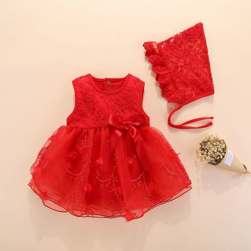 Girls White Embroidered Dress & Bonnet Hat (Age 3M - 12M ) Red