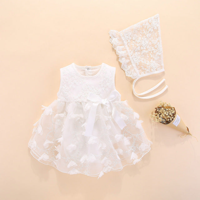 Girls White Embroidered Dress & Bonnet Hat (Age 3M - 12M ) White