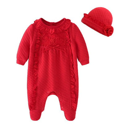 Baby Girls Ruffle Babygro Onesie & Hat (Age 3M - 12M) Red