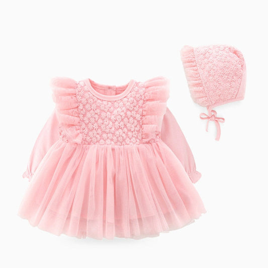 Baby Girls Pink Long Sleeve Tulle Dress & Bonnet (Age Newborn - 12M) Pink