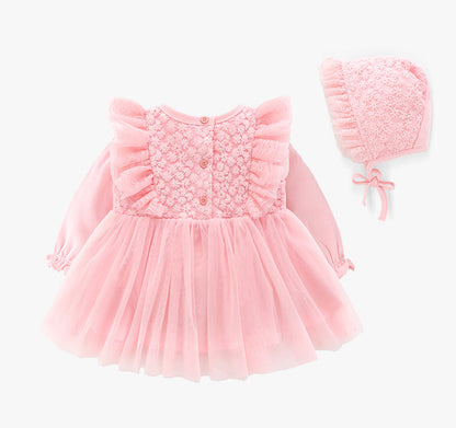 Baby Girls Pink Long Sleeve Tulle Dress & Bonnet (Age Newborn - 12M)