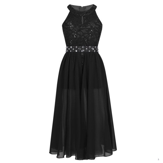 Girls Lace Chiffon Sequin Dipped Hem Dress (Age 6-14yrs) Black