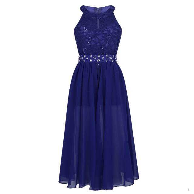 Girls Lace Chiffon Sequin Dipped Hem Dress (Age 6-14yrs) Blue