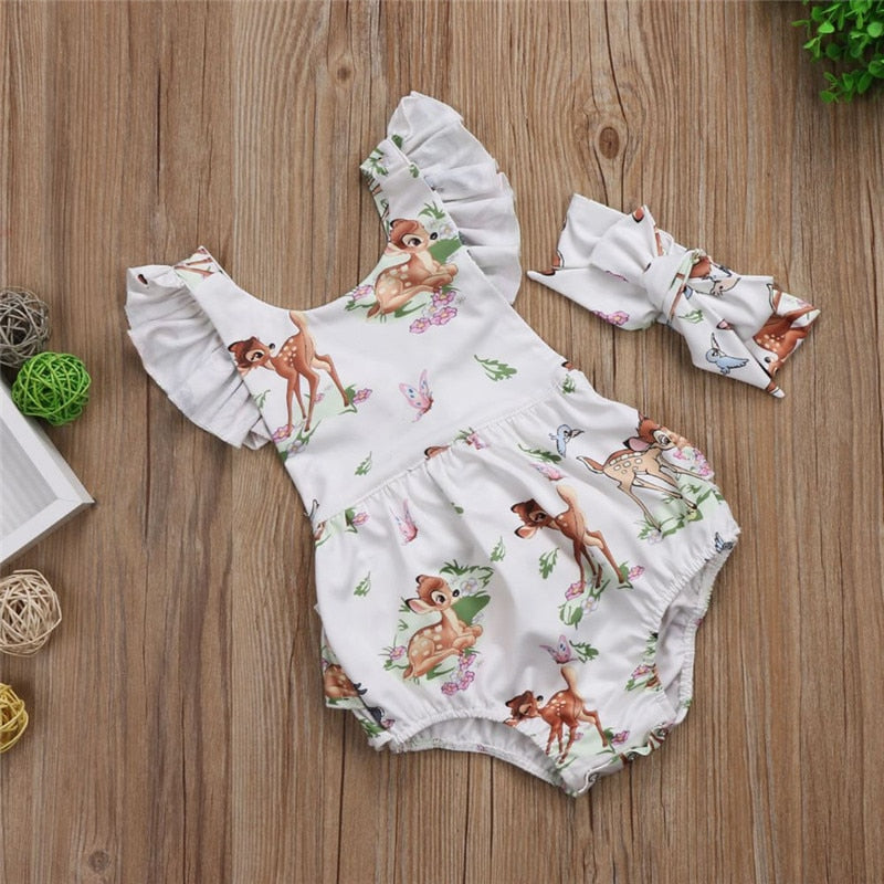 Baby Girls Deer Print Bodysuit Romper & Headband (Age Newborn - 12M)