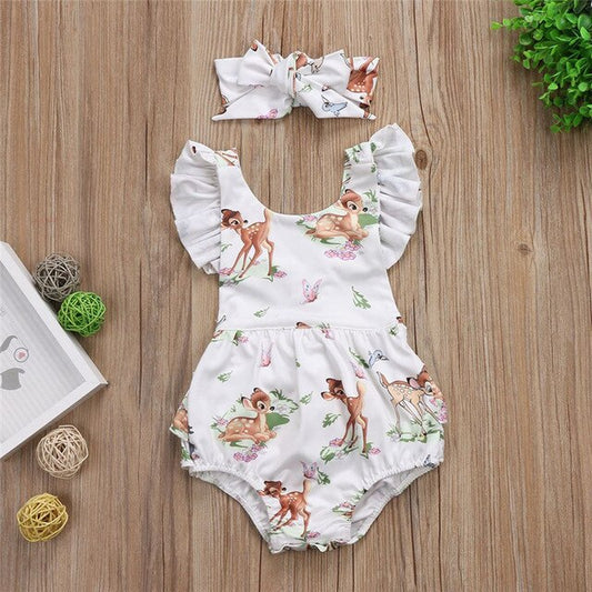 Baby Girls Deer Print Bodysuit Romper & Headband (Age Newborn - 12M) White