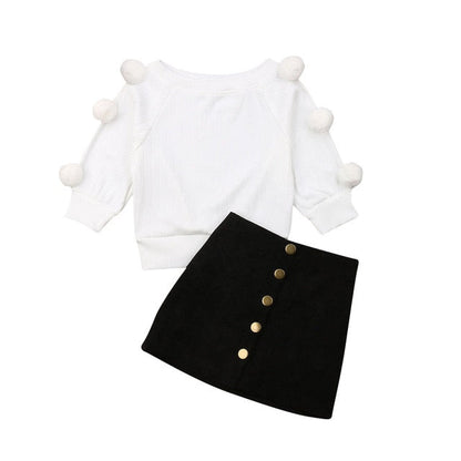 Girls White Pom Pom Jumper & Black Skirt Set (Age 24M-6YRS) White