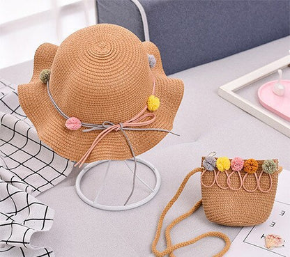 Baby Girls Summer Straw Hat & Handbag (Age 24M-7YRS) Coffee-Multi one size