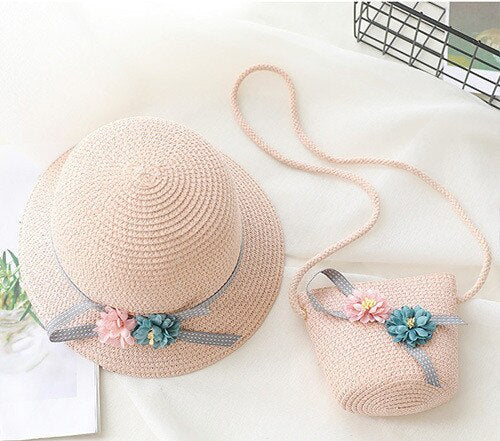 Baby Girls Summer Straw Hat & Handbag (Age 24M-7YRS) Pink-Flower one size