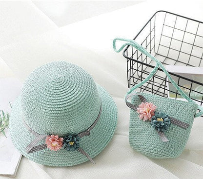 Baby Girls Summer Straw Hat & Handbag (Age 24M-7YRS) Blue-Flower one size