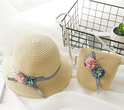 Baby Girls Summer Straw Hat & Handbag (Age 24M-7YRS) Khaki-Flower one size